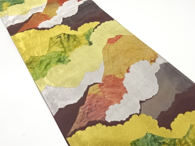 JAPANESE KIMONO / ANTIQUE FUKURO OBI / SILK / WOVEN MOUNTAINS & CLOUD